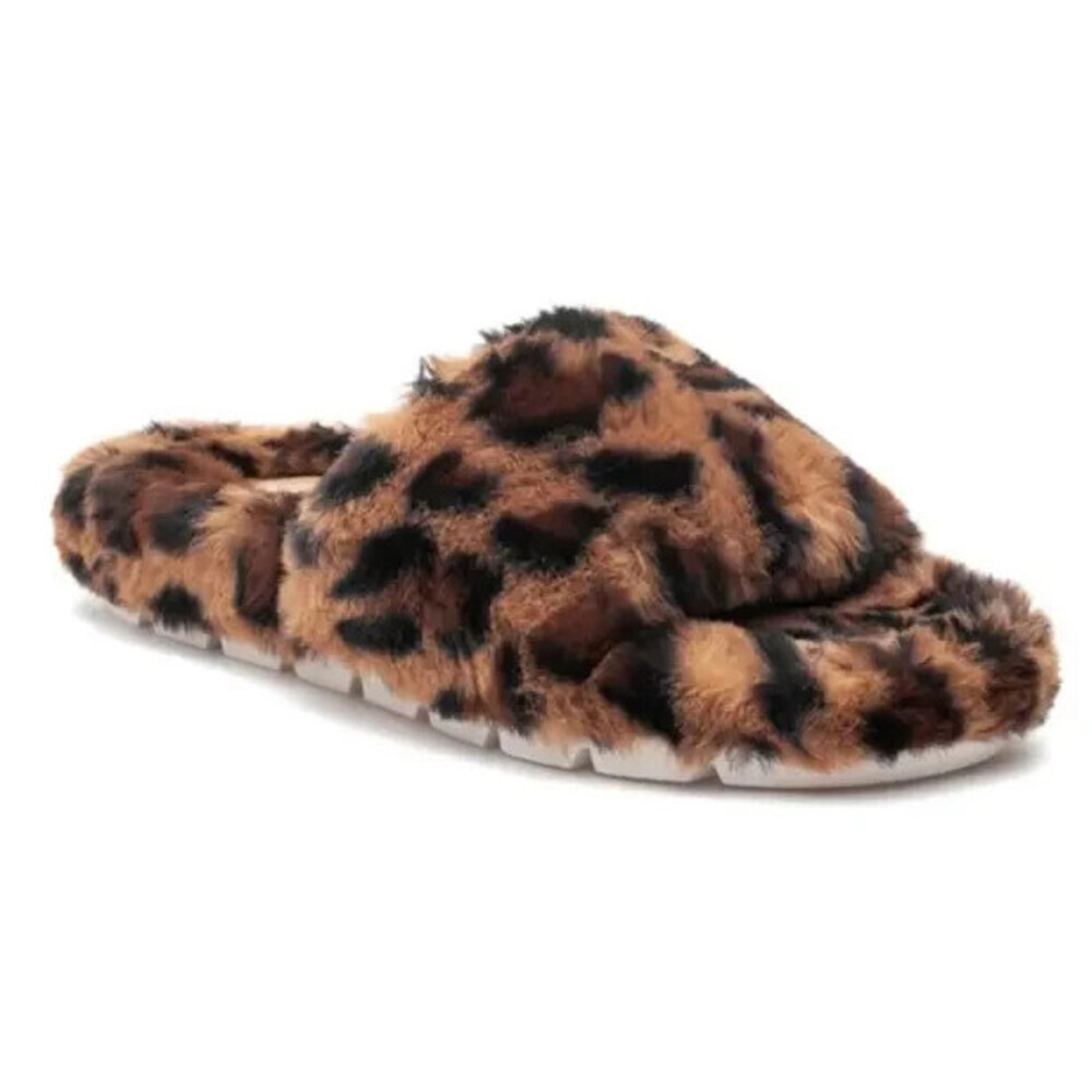 JSlides Lovlie Slipper Womens US 7 Brown Leopard Faux Fur Slip-On Slide JOBB1434